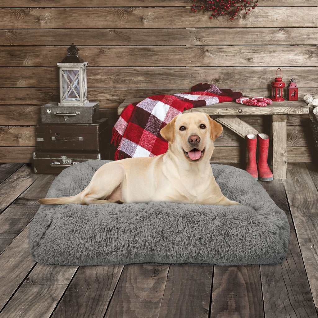 (4 Pack)  Large Furry Bolster Dog Bed, Taupe, 36" X 27"