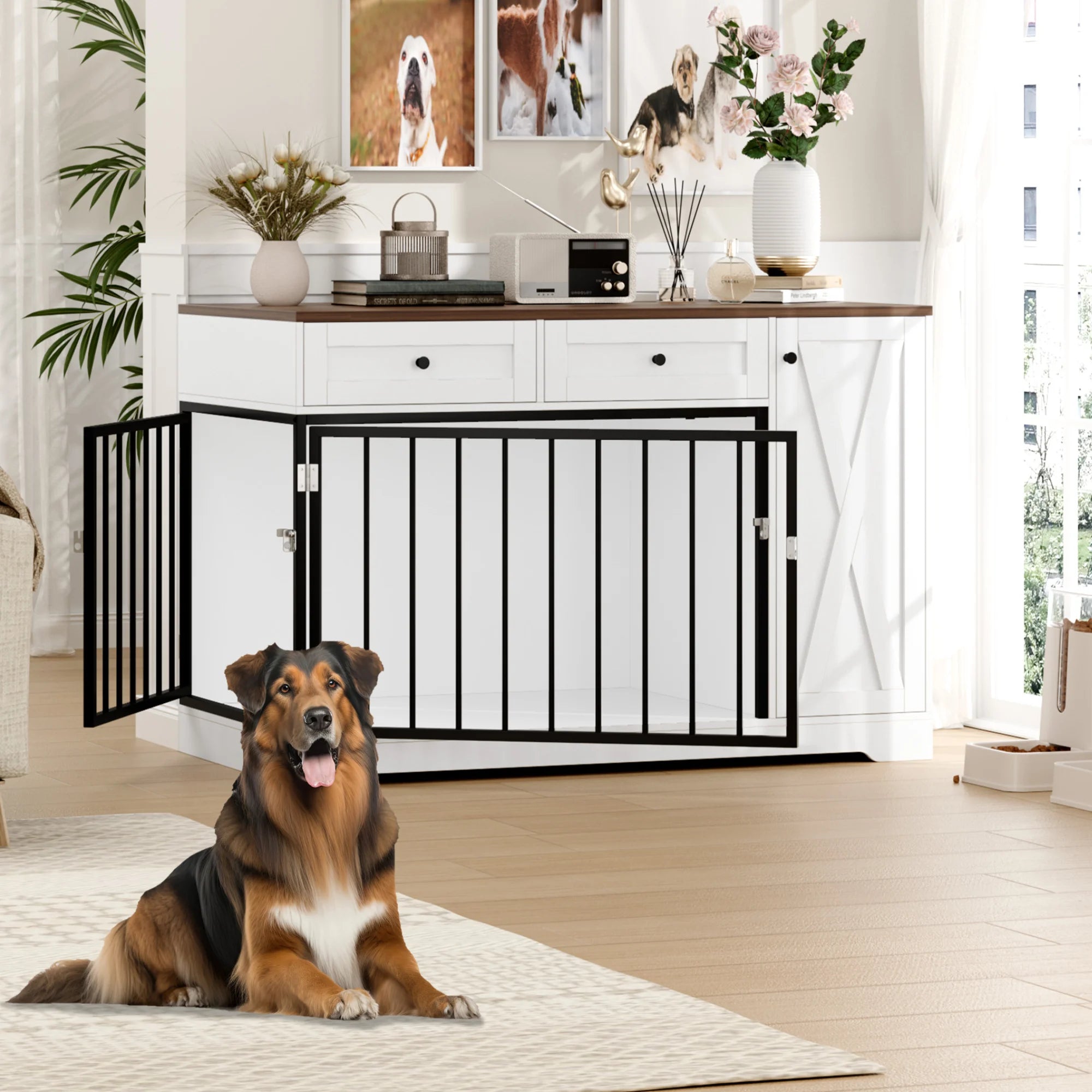 Dog Crate with Storage Cabinet and 2 Drawers, Indoor Furniture Style Wooden Large Dog Kennel, White