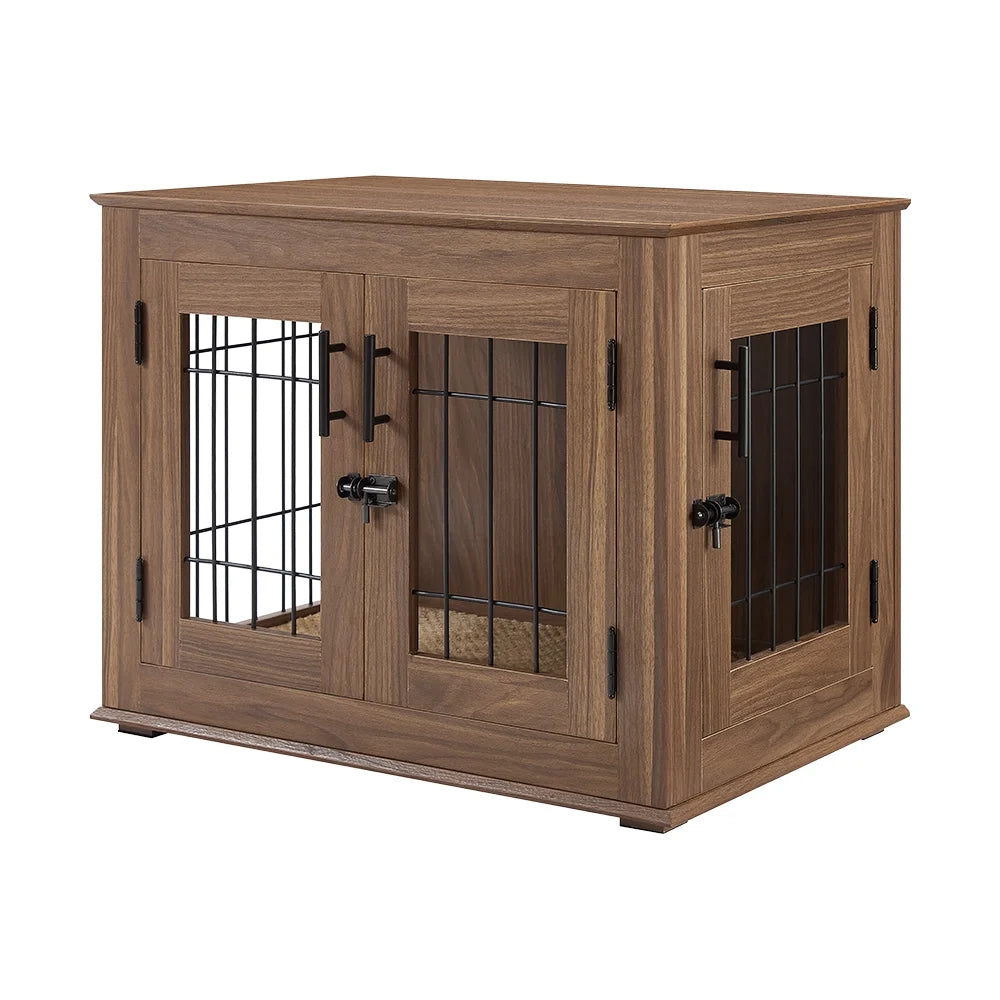 Dog Crate Furniture, Double Doors Wooden Wire Dog Kennel with Pet Bed, Small Dog Crate