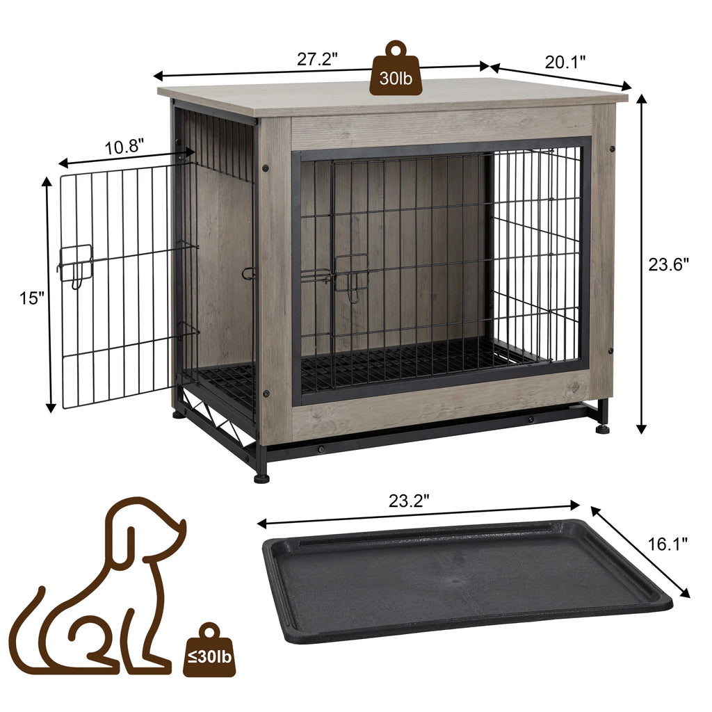 Wooden Dog Crate Furniture,Double-Doors Kennel Indoor with Divider and Removable Tray,End Table Dog Crate for Decoration 27.2"L X 20.1"W X 23.6"H，Grey
