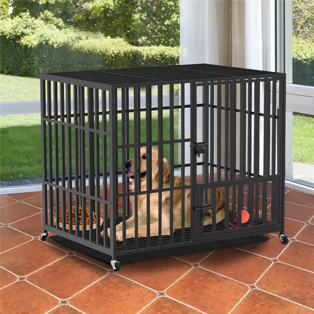 37” 42” 46” Heavy Duty Dog Cage Metal Pet Dog Crate 3 Doors Locks Design Kennel Playpen with 4 Wheels Removable Tray